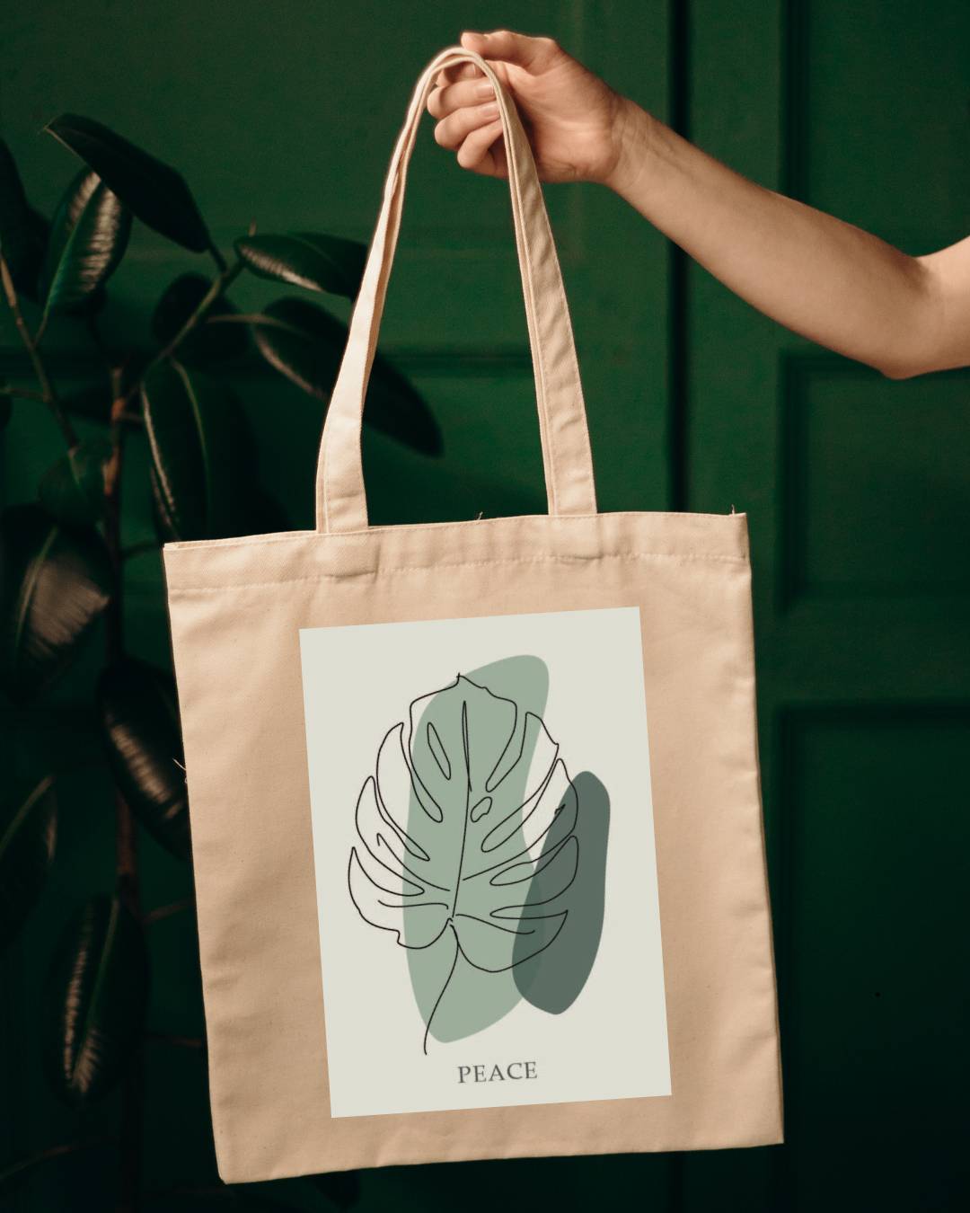 Green Boho "PEACE" Tote Bag Zipper